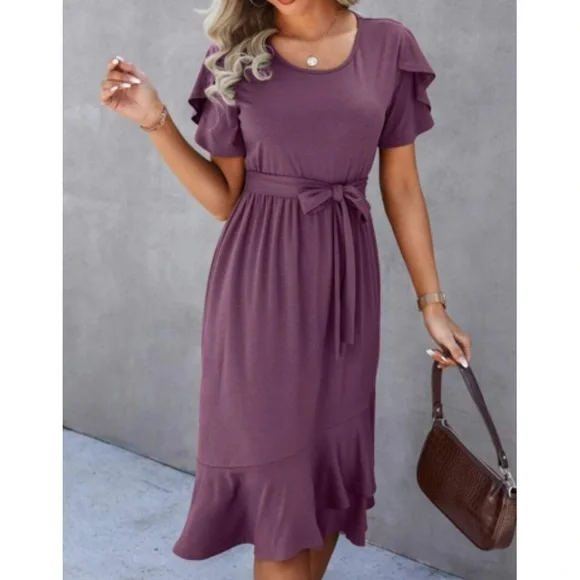 Petal sleeve ruffle wrap hem midi dress - Picture 2 of 4
